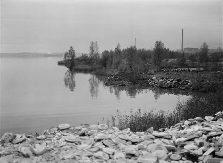 Etualalla rantaan kipattua keramiikkajätettä. Taaempana vettä ja rantapusikkoa. 