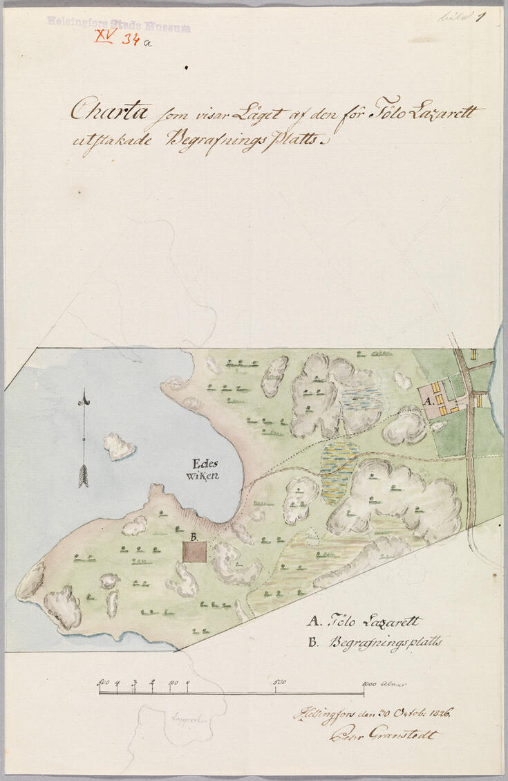 Käsin piirretty ja väritetty kartta Töölön lasaretin hautausmaasta. Päivätty 30.10.1826.Taivallahden rannassa.