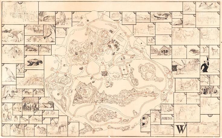 En ritad karta över Högholmen. Ritade bilder över olika djurarter samt deras placering på kartan.