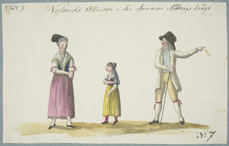 Vesivärimaalauksessa on naisen, tytön ja miehen puku.