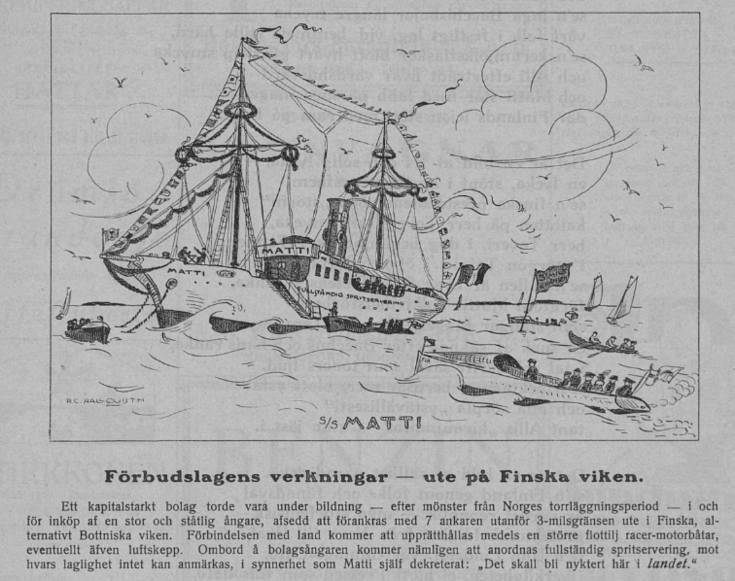 Piirros, jossa merellä on ankkuroitu laiva, jossa teksti MATTI Fullständig spritservering. Ympärillä on pienempiä veneitä menossa sen luo tai sieltä pois. 