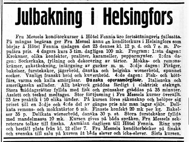 En tidnngsannons om en konditorikurs på hotell Fennia.