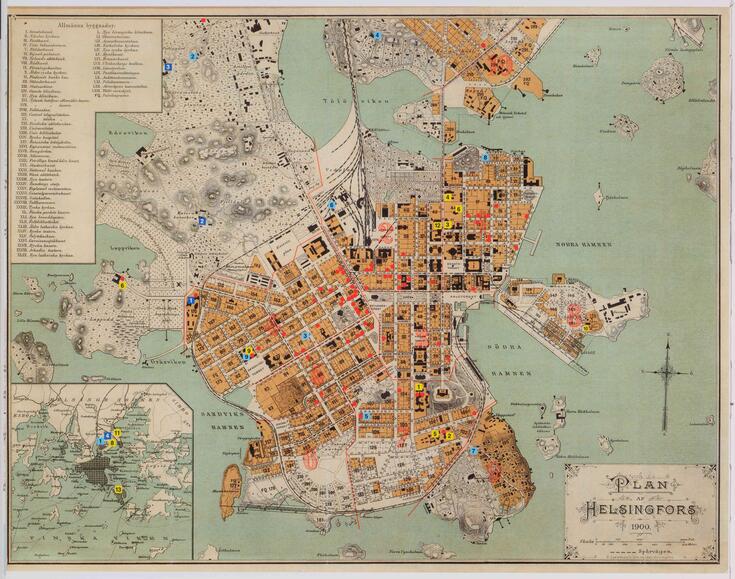 Karttaan on merkitty kaikki Helsingin sairaalat vuonna 1900.