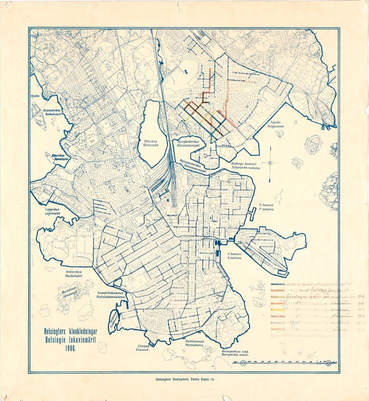  Viemärikartta, Helsingin lokaviemärit 1908, Kartan pohjoisraja Pasilan eteläpuolella.