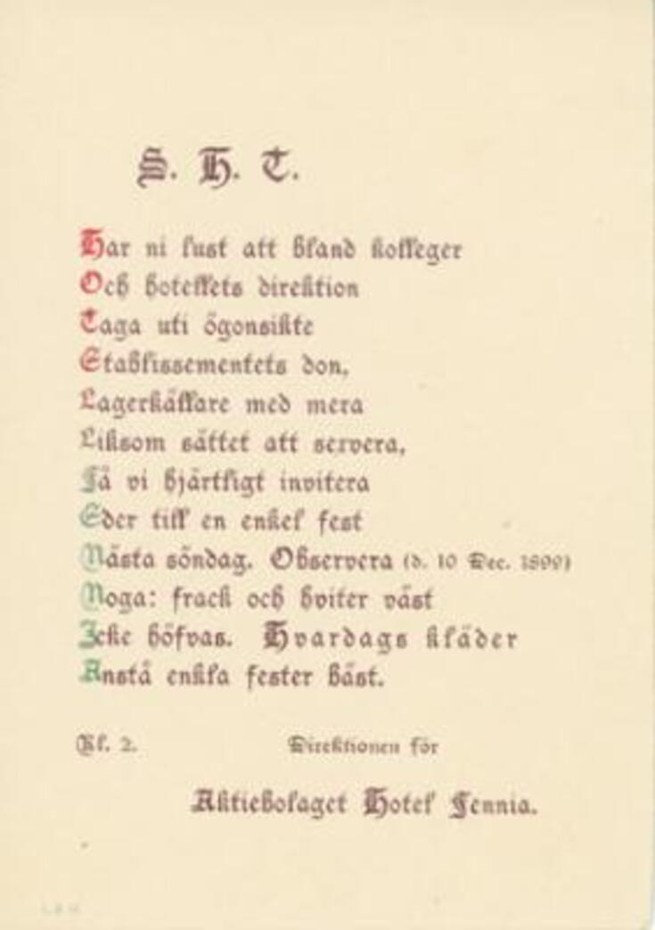 Runomuotoinen ruotsinkielinen kutsukortti ilman kuvaa. 