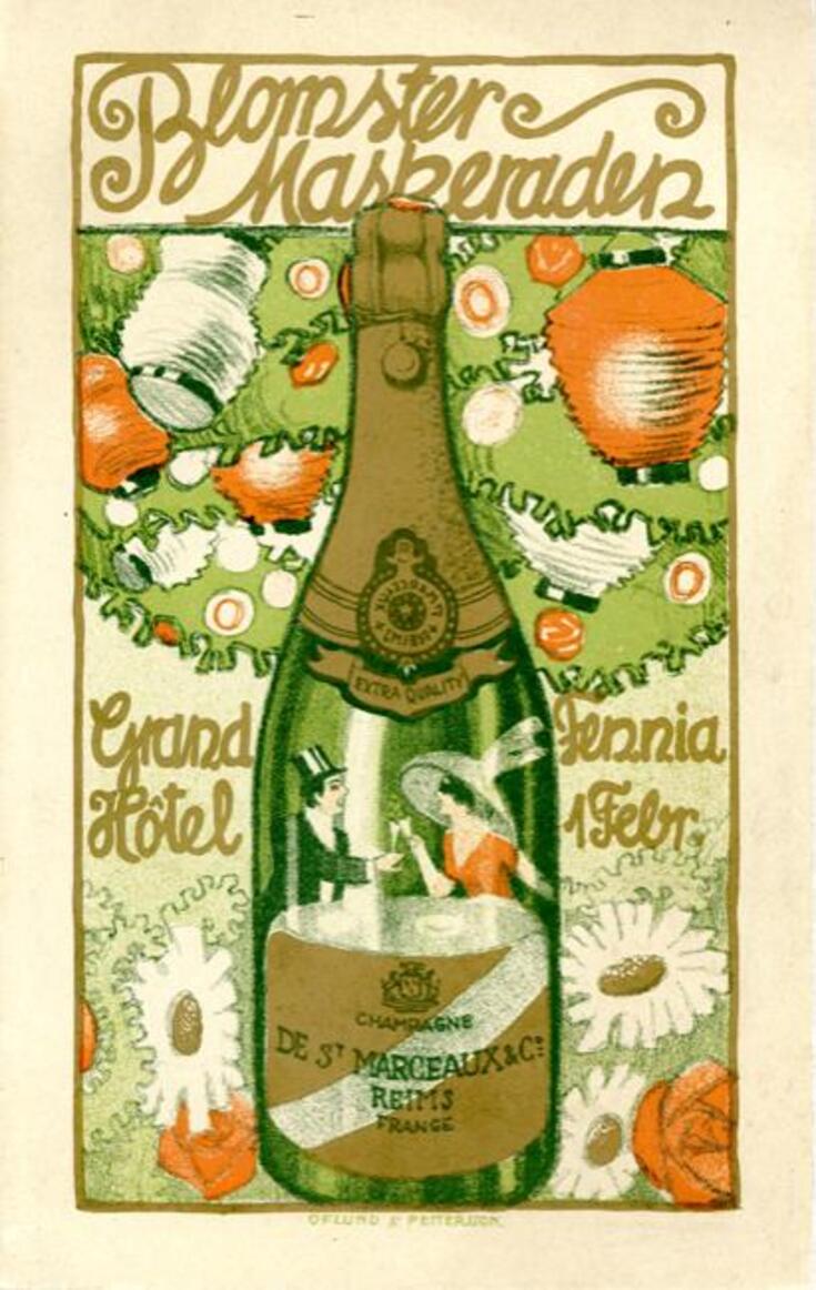 Ravintolan ruokalistan kannessa on piirroskuva, jossa on keskellä iso samppanjapullo. 