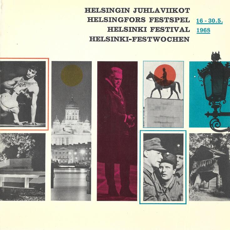 På publikationens pärm finns bilder från Helsingfors och texten HELSINGIN JUHLAVIIKOT HELSINGFORS FESTSPEL HELSINKI FESTIVAL HELSINKI-FESTWOCHEN 1–30.5.1968.