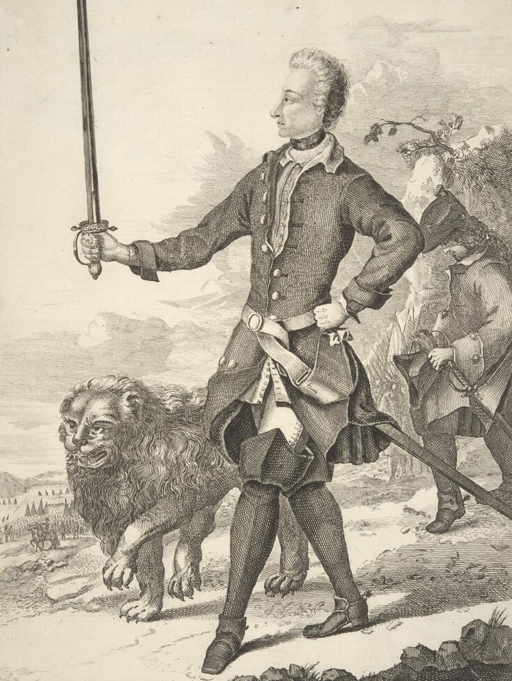 Kuparikaiverrus Ruotsin kuningas Kaarle XII:sta vuodelta 1704. Kuvassa nuori kuningas kävelee ryhdikkäästi miekkaa pidellen ja tämän vierellä kulkee leijona.