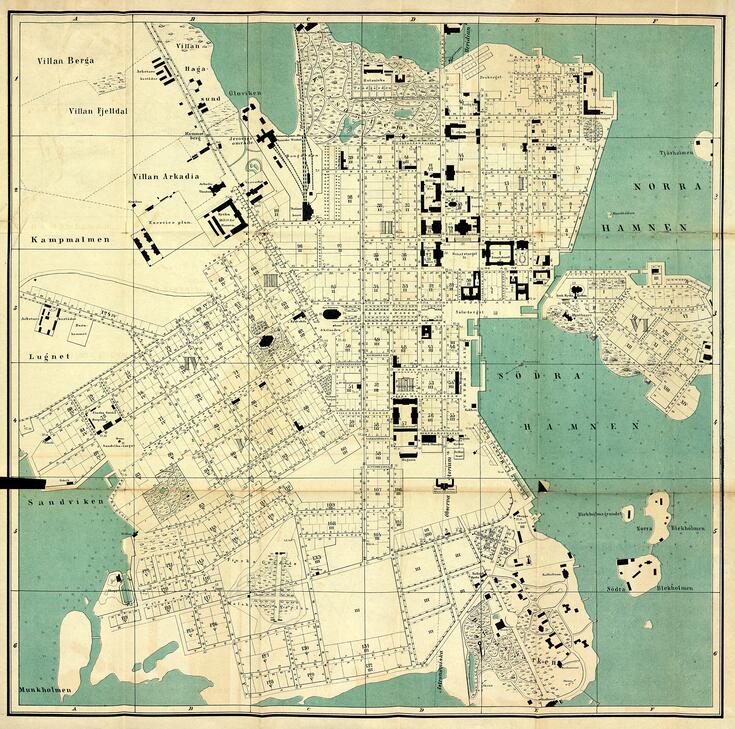 Piirretty Helsingin kartta, jossa näkyy nykyinen keskustan alue. Siihen on merkitty roomalaisin numeroin kaupunginosat 1–6.
