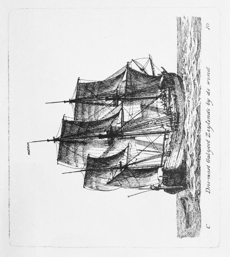 Piirroskuva kolmimastoisesta purjelaivasta.