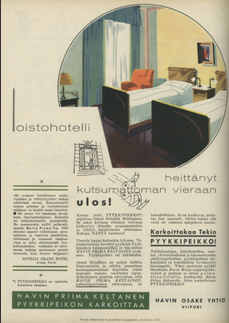 Pyykinpesuainemainos, jossa on piirroskuva hotellihuoneesta