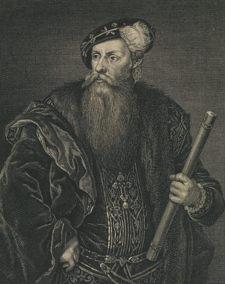 Kuparikaiverrustekniikalla valmistettu piirros Ruotsin kuningas Kustaa I Vaasasta vuodelta 1768.