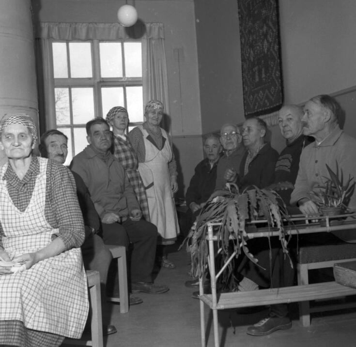 Korkeassa huonetilassa on kymmenen vanhusta, miehiä ja naisia. Muut istuvat, kaksi naista seisoo. Huoneen peräseinällä on ruutuikkunat ja ikkunan vasemmalla puolella näkyy pönttöuunit. Oikeanpuoleisella seinällä roikkuu ryijy. Etuoikealla on kapeamallinen, rottinkinen, kaksihyllyinen kukkapöytä. Sen ylimmällä tasolla on kaksi viherkasvia, alatasolla paksu kirja. Katosta roikkuu pyöreä lasikupuinen valaisin.