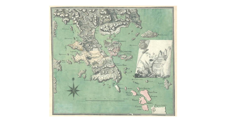 Kartan visar nuvarande Helsingfors näs. Stadens rutplan täcker ännu bara Kronohagen och Glovikens strand. Annars är näset ännu ganska obebyggt, och många nuförtiden som mark betraktade områden har inte ännu fyllts igen.