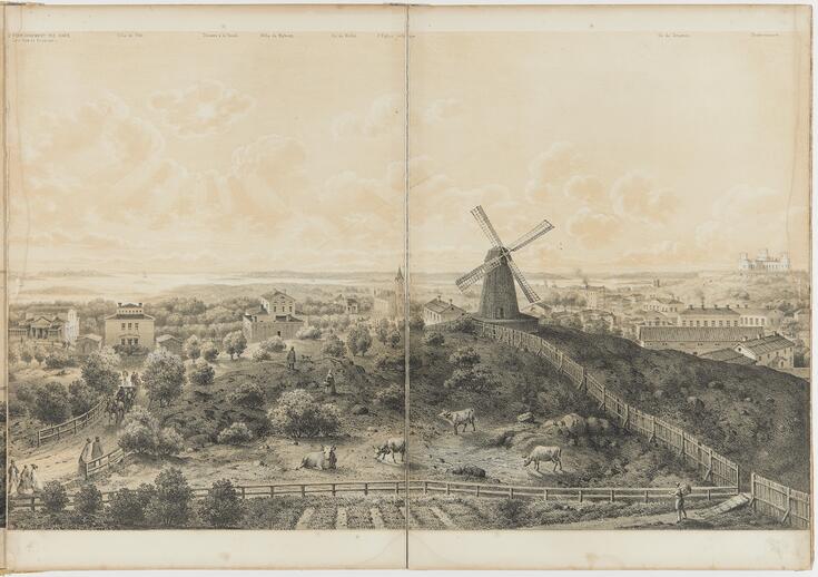Panoramateckning från Brunnsparken i Helsingfors från 1860-talet. I förgrunden av bilden betande kor på ett med staket avgränsat område. 