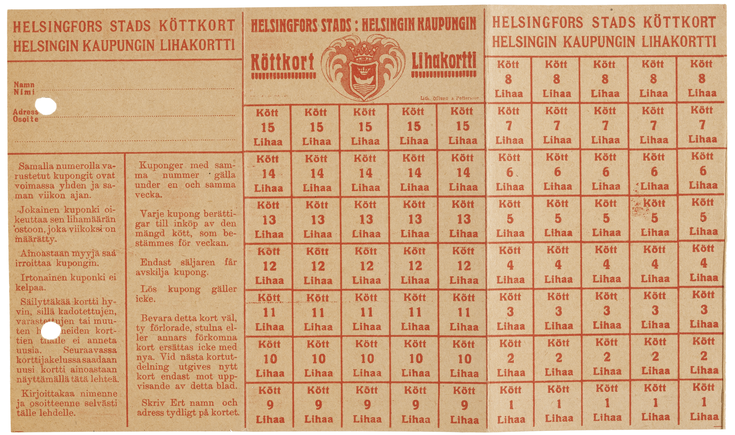 En del av ransoneringen år 1917: köttkort beviljat av staden. 