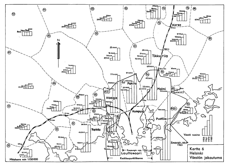 Helsingin liikennesuunnitelmia varten laadittu väestöennustekartta. Kartassa Helsingin seutu on jaettu lukuisiin alueisiin, joista jokaiseen on merkitty ennustettu väkiluku vuosille 1955, 1961, 1970 ja 1980.