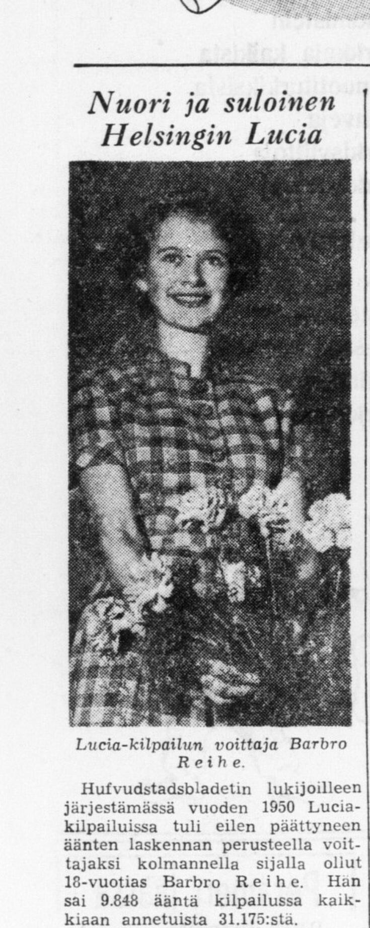Sanomalehtileike, jossa kuvaillaan Helsingin Luciaa Barbro Reiheä vuonna 1950.