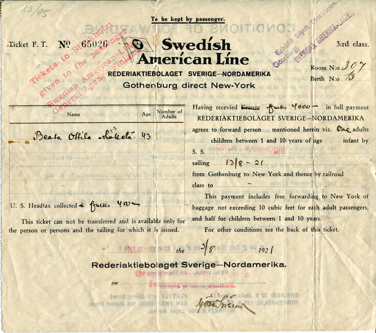 3. luokan matkalippu, Göteborg–New York, 13.8.1921, S/S Drottningholm, Swedish American Line. Matkustaja: Beata Ottilia Mäkelä. Lippu ostettu Helsingissä 9.8.1921.