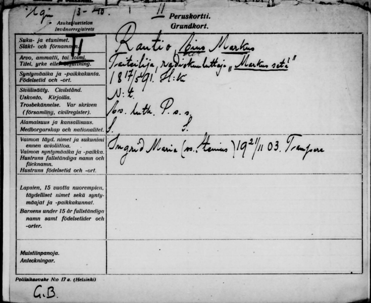 Kortti johon on käsin kirjoitettu Markus ja Ingrid Raution osoitteet eri vuosina.