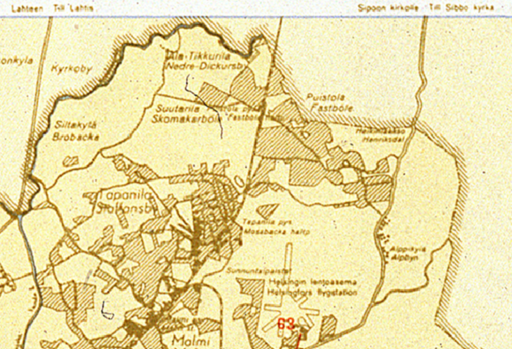 Kuvakaappaus piirretystä kartasta, jossa Suurmetsän alue on enimmäkseen rakentamatonta.