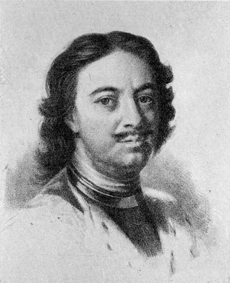 Venäjän tsaari Pietari Suuren mustavalkoinen muotokuva