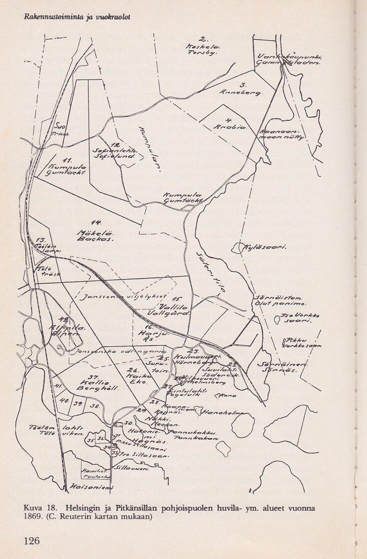 Piirretty kartta, johon on merkitty Pitkänsillan pohjoispuolen huvilapalstat, viljelykset, saaret, Sörnäisten olutpanimo, Töölönlahti ja Töölön lampi.