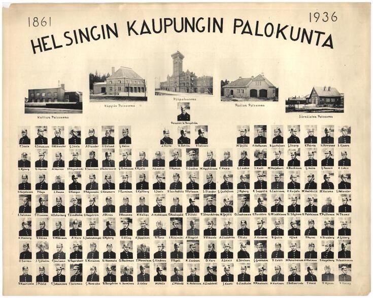 På plakatet har avbildats fem brandstationer och alla stadens brandmän.