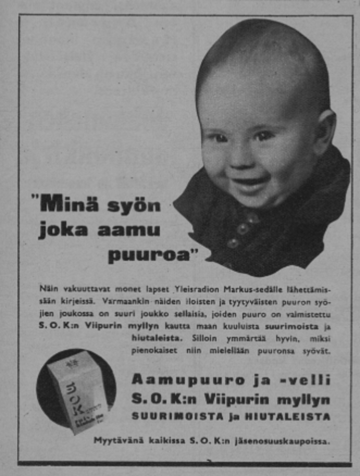 Puuromainos, jossa on hymyilevä lapsi ja tekstiä