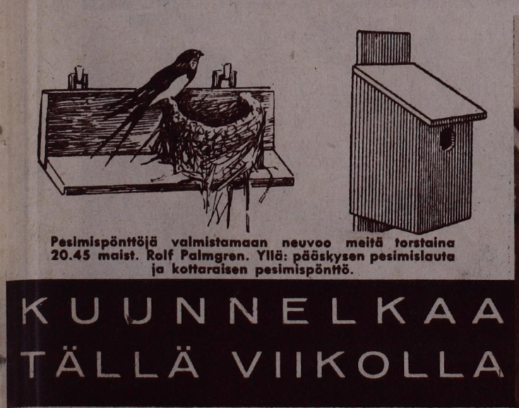Tecknad bild av en hylla med ett svalbo och en fågelholk. Texten berättar om ett radioprogram som ger anvisningar för byggande av fågelholkar.