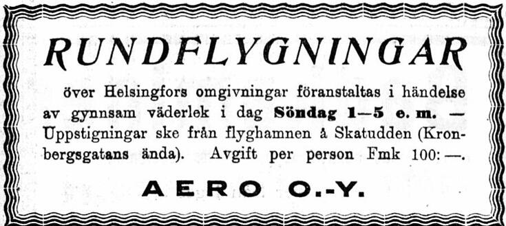 Ruotsinkielinen lehti-ilmoitus mainostaa maisemalentoja Helsingin yllä. Niitä järjestetään sunnuntaisin kello 13–17, mikäli sää sallii. 