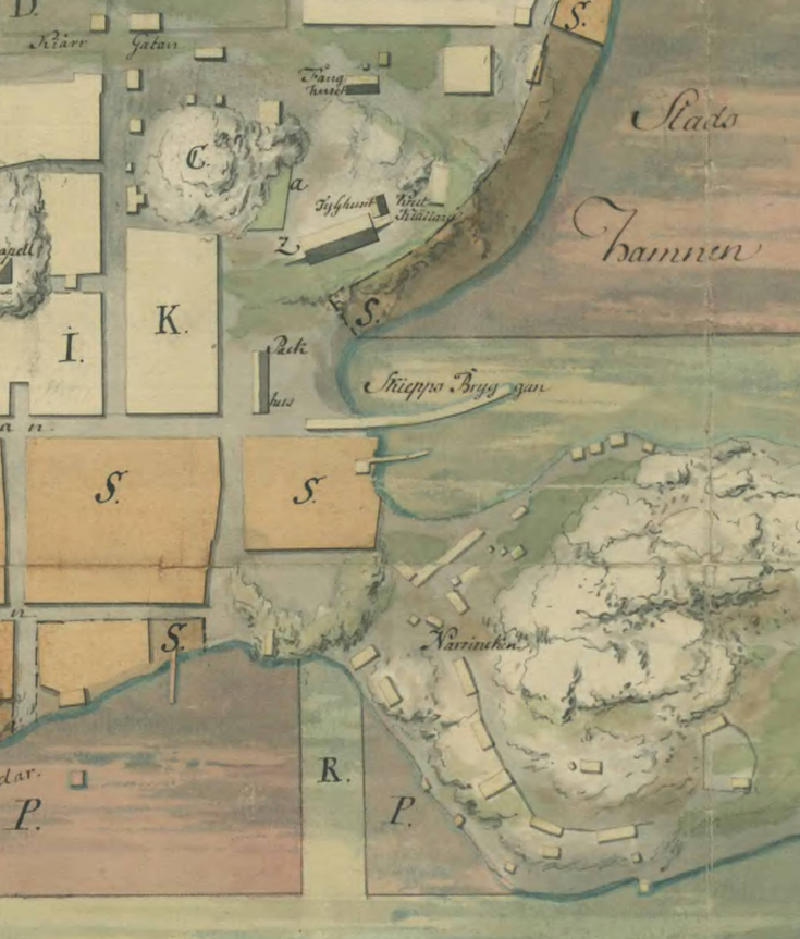 Osasuurennos käsin piirretystä kartasta.