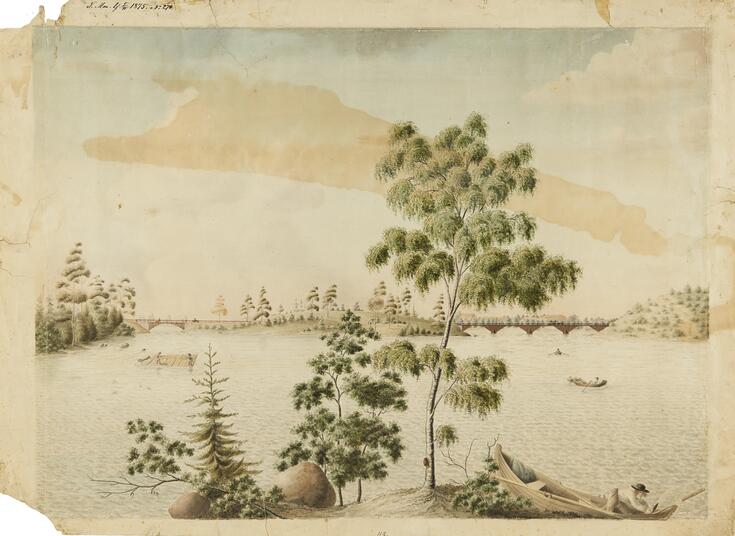 Vesivärimaalaus 1820-luvulta. Maisemamaalaus on kuvattu Kaisaniemen suunnasta ja sen keskellä taustalla näkyy liki luonnontilainen Siltasaari sekä puinen Pitkäsilta.