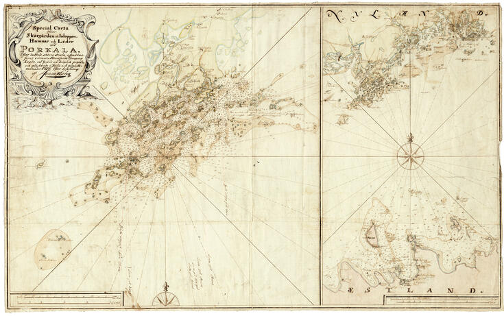En gammal karta, som avbildar skärgården och kusten mellan Helsingfors och Porkala udd.