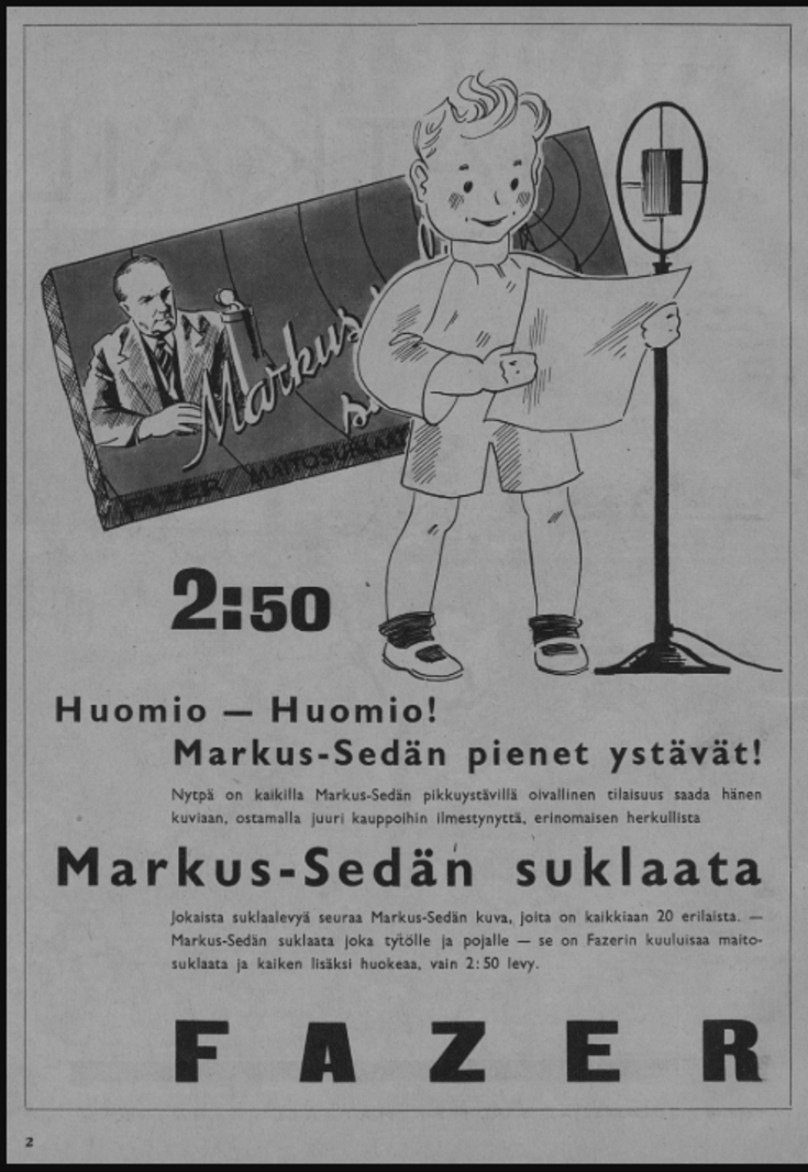 Suklaamainos, jossa on piirroskuva lapsesta, joka seisoo iso paperi kädessään mikrofonin ääressä. Taustalla on suklaapakkaus, jonka kannessa on piirretty kuva miehestä pöydän ääressä.