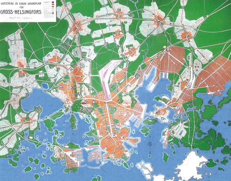 Eliel Saarisen ja Bertel Jungin vuonna 1918 laatima suunnitelma, jossa Vanhankaupunginlahden rannat on rakennettu täyteen.