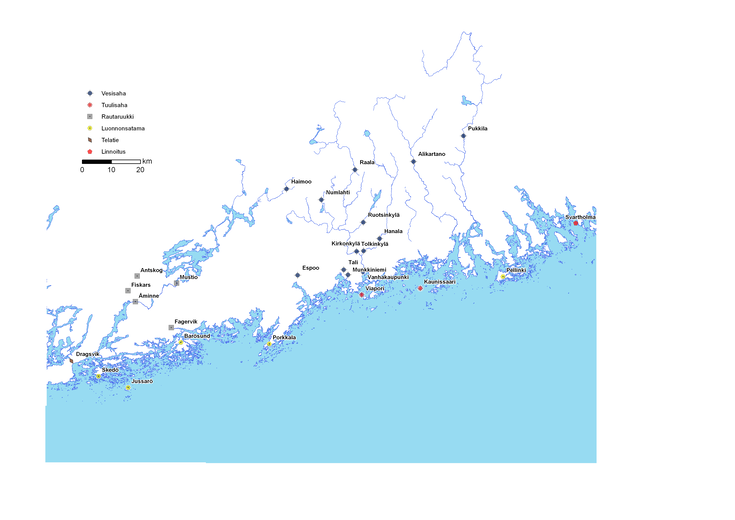 Kartta Uudenmaan rannikosta ja sen paikoista