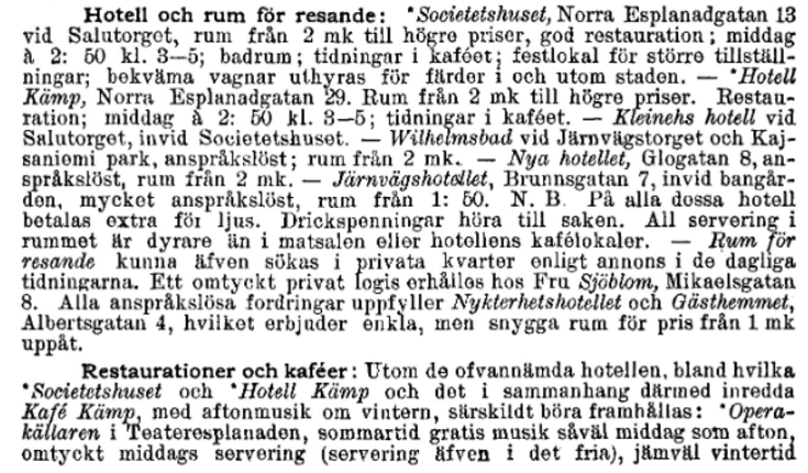 Skärmdumpning av en sida som räknar upp hotellen och resandehemmen i Helsingfors.