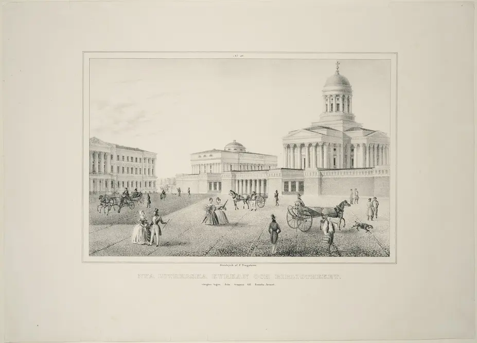 Vy upp mot nordvästra hörnet av Senatstorget 1838