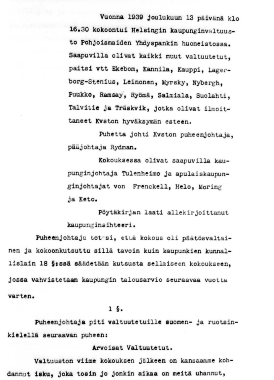 Kaupunginvaltuuston pöytäkirja 13.12.1939