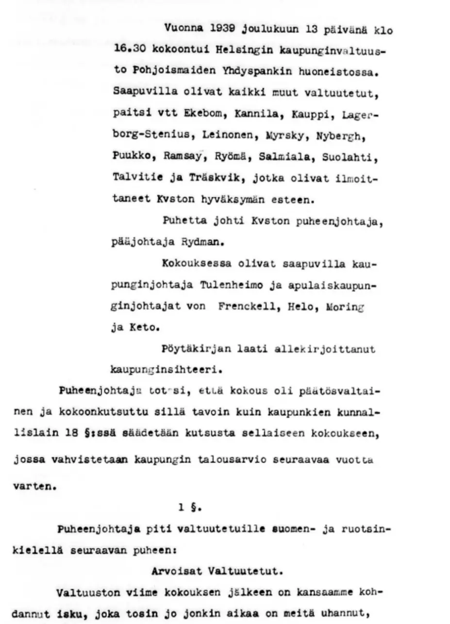 Kaupunginvaltuuston pöytäkirja 13.12.1939