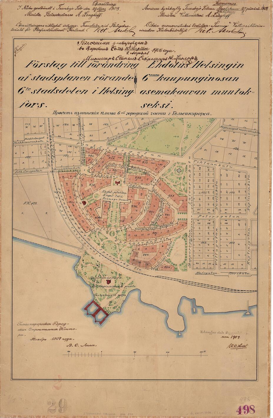 Förslag till förändring av stadsplanen för sjätte stadsdelen 1907