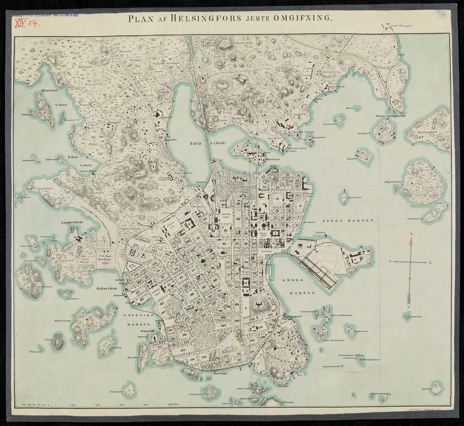 Karta över Helsingfors med omgivning år 1890
