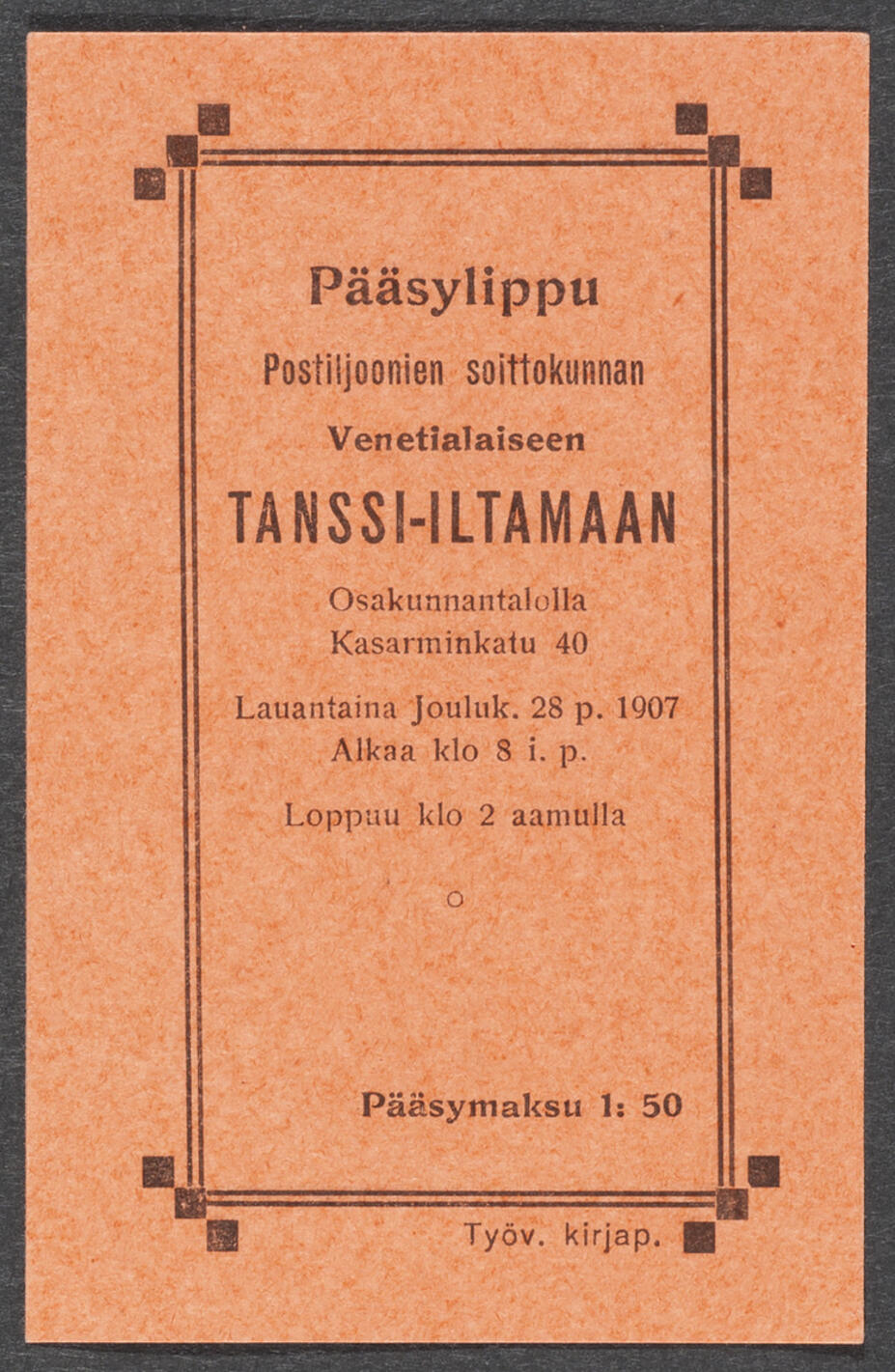 Pääsylippu venetsialaiseen tanssi-iltamaan