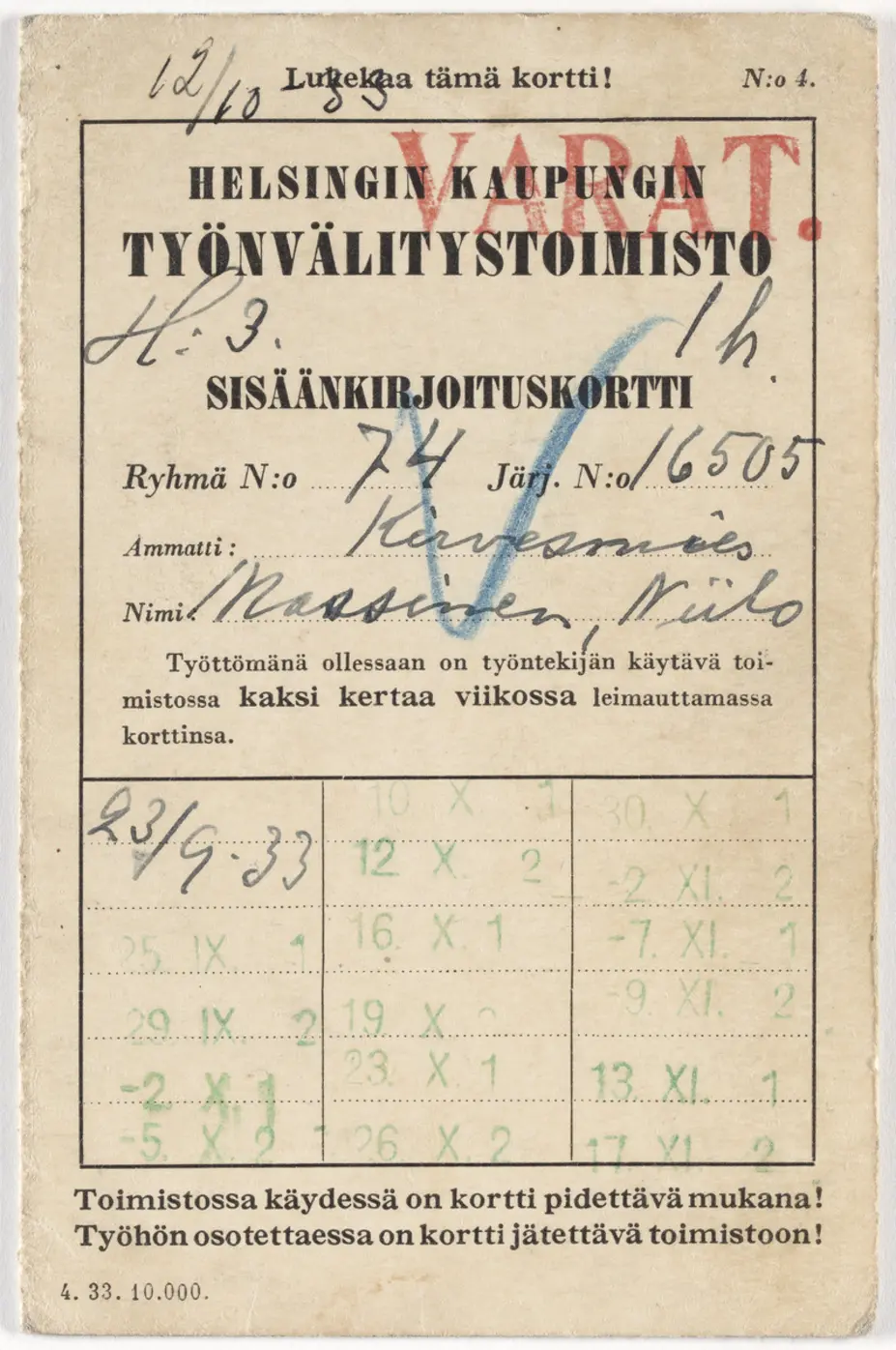 Työnvälitystoimiston sisäänkirjautumiskortti