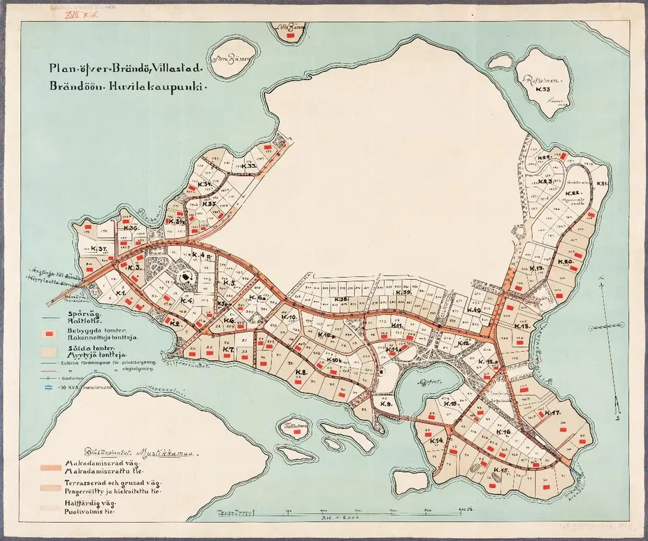 Plan öfver Brändö Villastad / Brändöön Huvilakaupunki (delade strandtomter)
