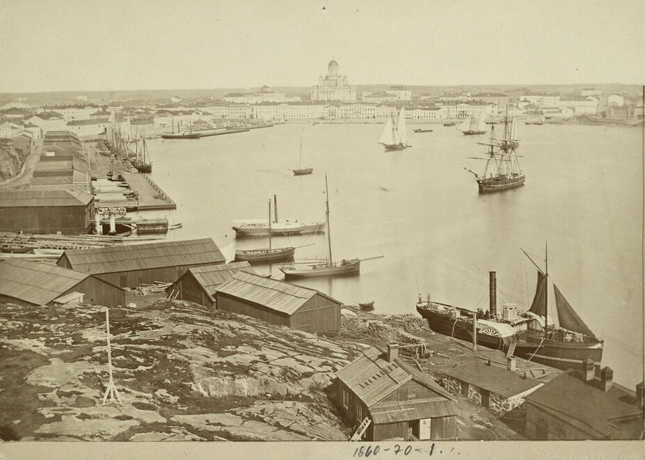 Utsikt från Brunnsparken till hamnen på 1860–70-talet