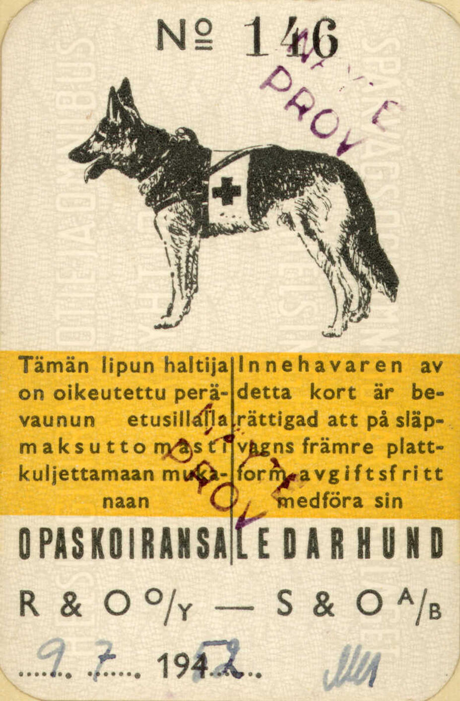 Opaskoiran matkalippu 1952