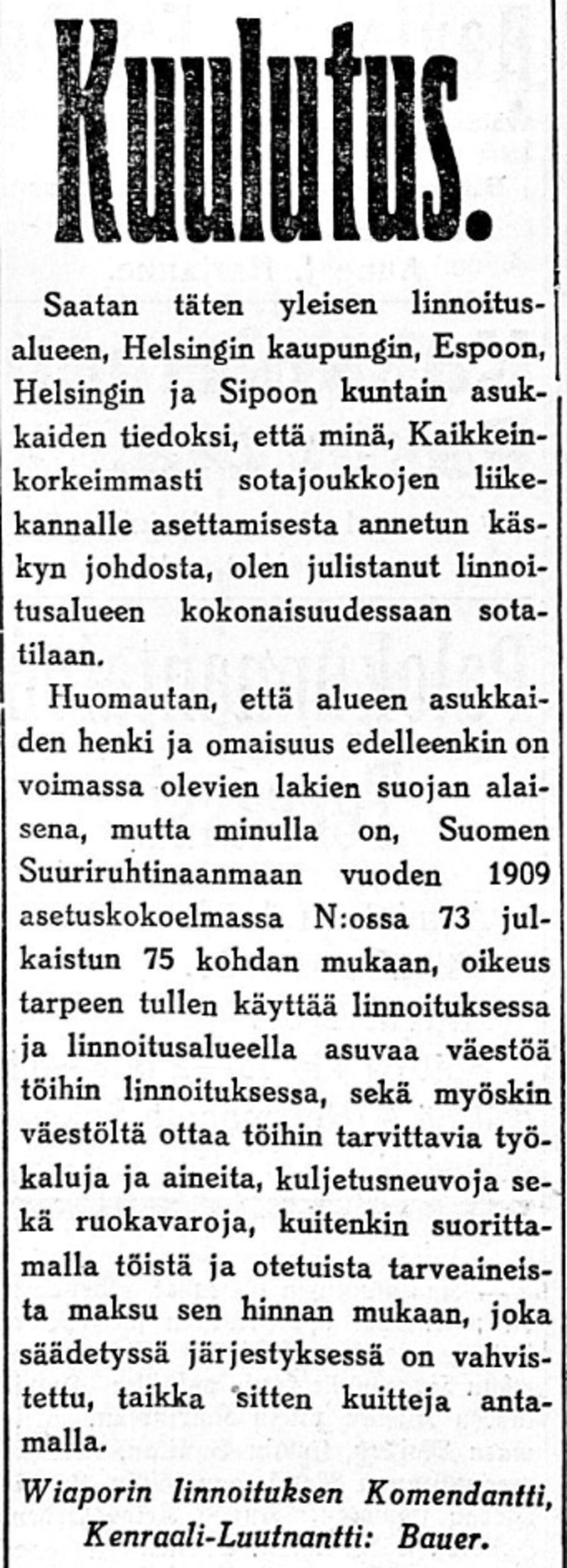 Kuulutus sanomalehdessä Helsingin julistamisesta sotatilaan