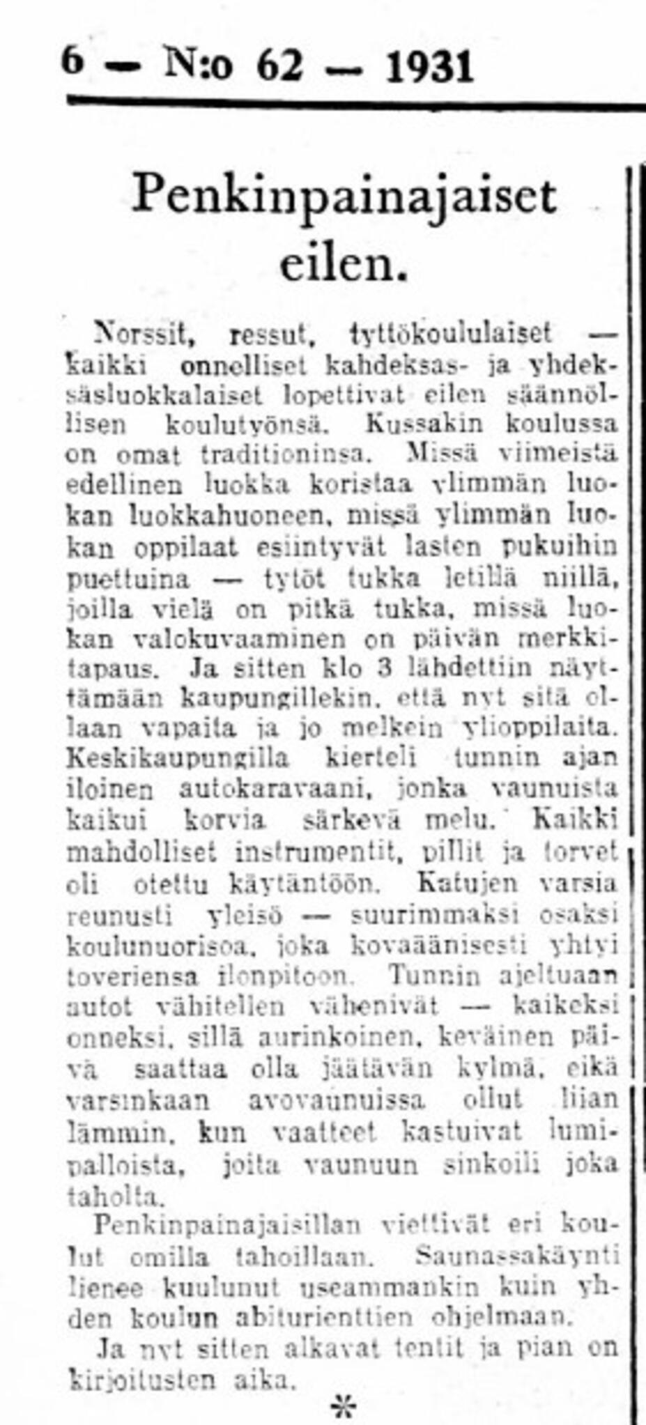 Penkinpainajaisperinteitä vuodelta 1931